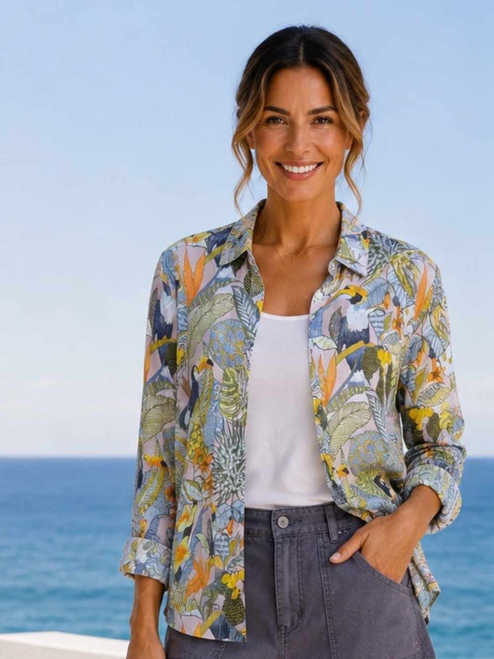 J McLaughlin Tropical Toucan Jungle Print Button Down Shirt Womens M Cotton